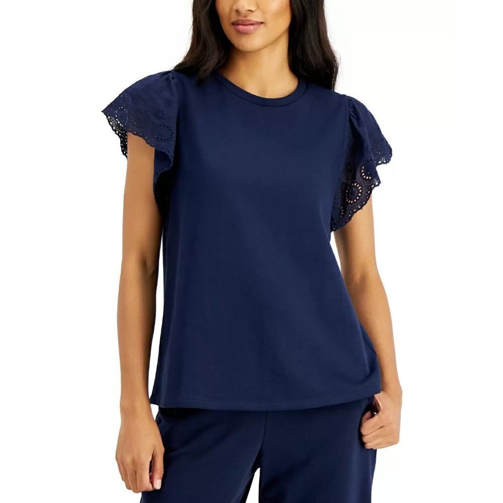 Charter Club Womens Size XS Eyelet Ruffle Trim Blouse in Intrepid Blue $49 923